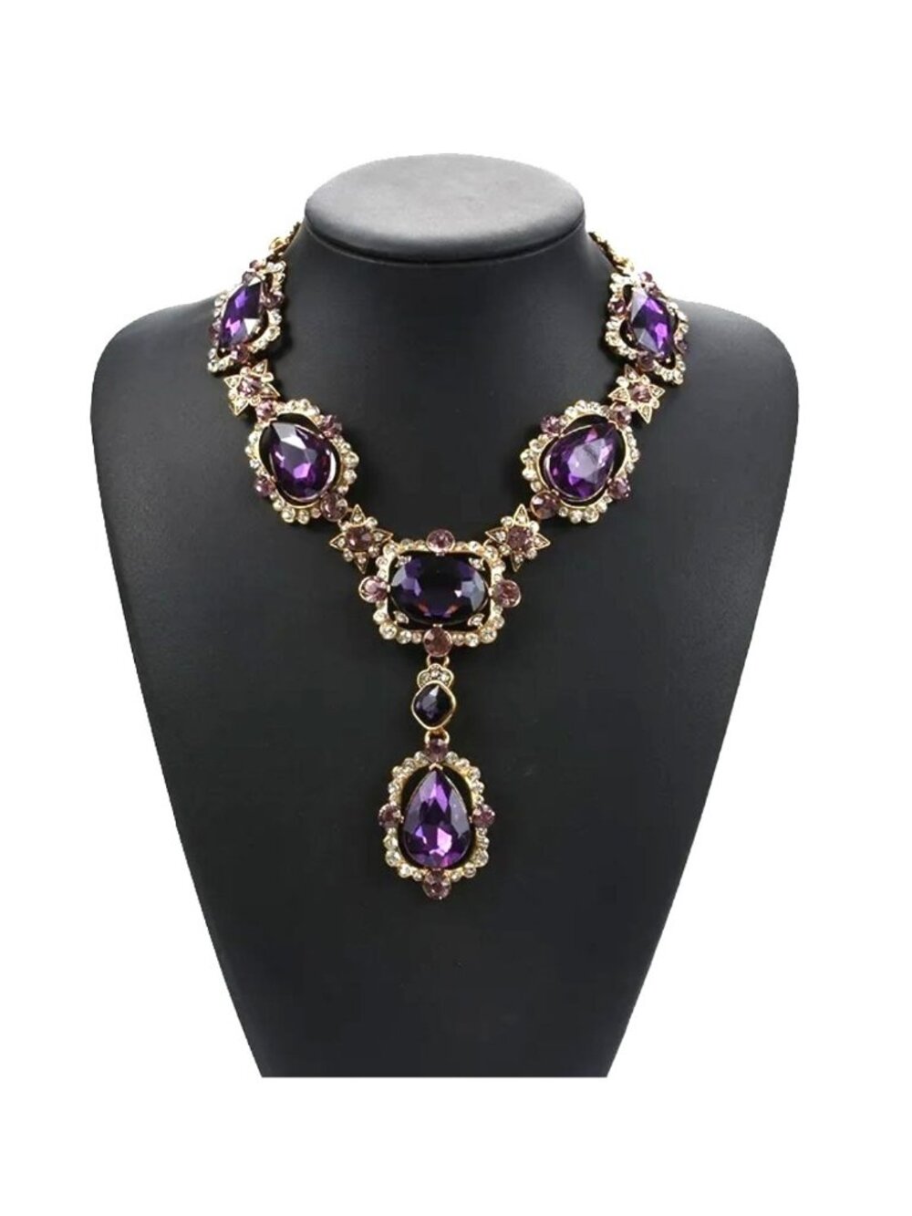Statement Necklace Big Violet Rhinestones Bling Gold Tone